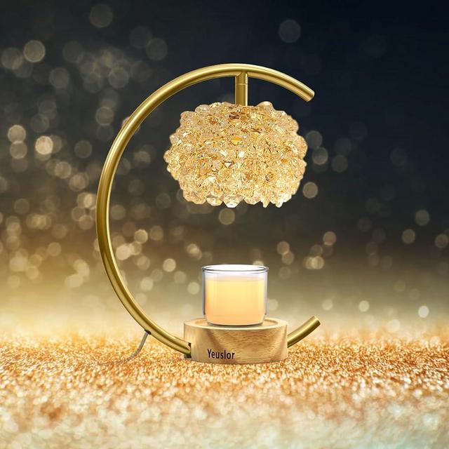 Yeuslor Candle warmer Lamp for Jar Candles,4 levels of adjustable brightn with Timer Handmade Crystal & wooden base Candle Light Luxury Design+2 Blubs,Best Gifts for Mother's Day Valentine's Day(Gold）