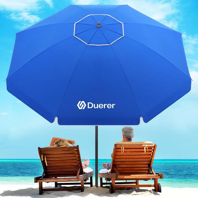Duerer 8.5FT Beach Umbrella with Sand Anchor–Heavy Duty Wind Resistant UPF 50+ Sun Shade, Portable Travel Beach Umbrella with Tilt & Carry Bag for Beach, Sand, Garden, Patio, Pool (Navy Blue)