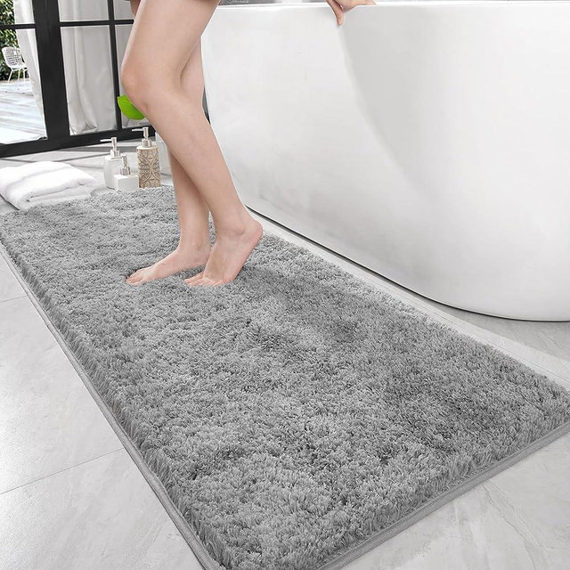 LOCHAS Bathroom Rug Runner 24x70 Inch, Soft Thick Absorbent Microfiber Bath Rugs for Bathroom, Machine Washable, Shaggy Plush Non Slip Bath Mat for Tub, Shower Floor, Quick Dry Mats, Grey