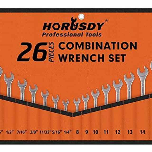 HORUSDY 26-Piece Combination Wrench Set with Roll-up Pouch, wrench set metric and standard, SAE 1/4” - 1” and Metric 8mm - 24mm…