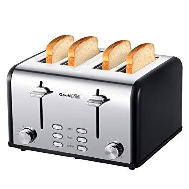 Geek Chef 4-Slice Toaster Stainless Steel Extra-Wide Slot Toaster with Dual Control Panels of Bagel, Defrost, Cancel Function, 6 Toasting Bread Shade Settings, Removable Crumb Trays, Auto Pop-Up