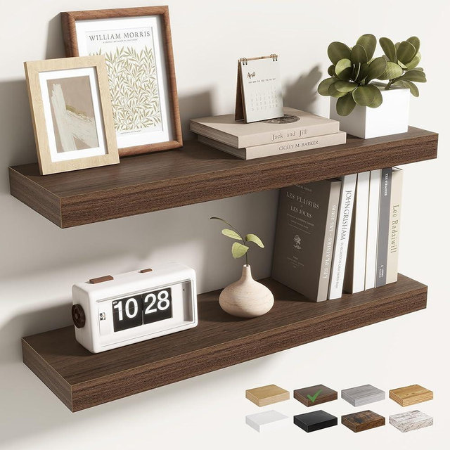 Acovy 24 Inch Floating Shelves for Wall 2 Pack, 24" Wall Shelves for Books, Storage, Decor, Wall Mounted Floating Shelf with Invisible Brackets for Kitchen, Living Room, Walnut