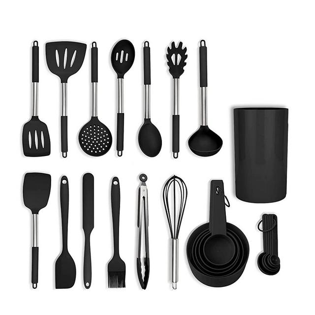 Culinary Couture 24-Piece Black Stainless Steel & Silicone Cooking Utensil Set, Heat-Resistant Cooking Utensils, Non-Scratching Kitchen Cooking Utensils, Includes a Bonus Recipe E-Book