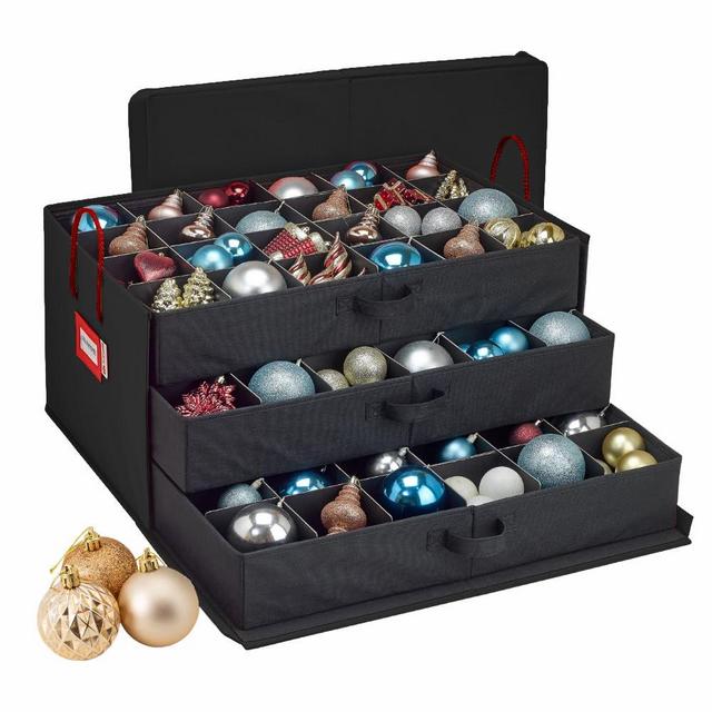 HOLDN’ STORAGE Christmas Ornament Storage Box with Dividers, Holds Up to 72 Ornaments (4 Inches), Large Organizer with 3 Stackable Trays - Black