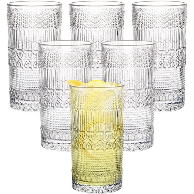 Coloch 6 Pack 13 Oz Romantic Water Glasses, Carved Drinking Glasses Tumbler Heavy Duty Highball Glasses Vintage Glassware Set for Beer, Milk, Beverages, Home, Bar, Restaurant