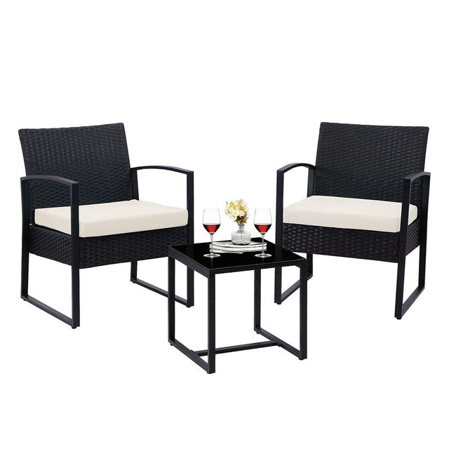 3 Pieces Outdoor Patio Furniture Set Wicker Rattan Chair Set Patio Bistro Conversation Set 3 Pcs with Coffee Table for Yard & Bistro (Beige)