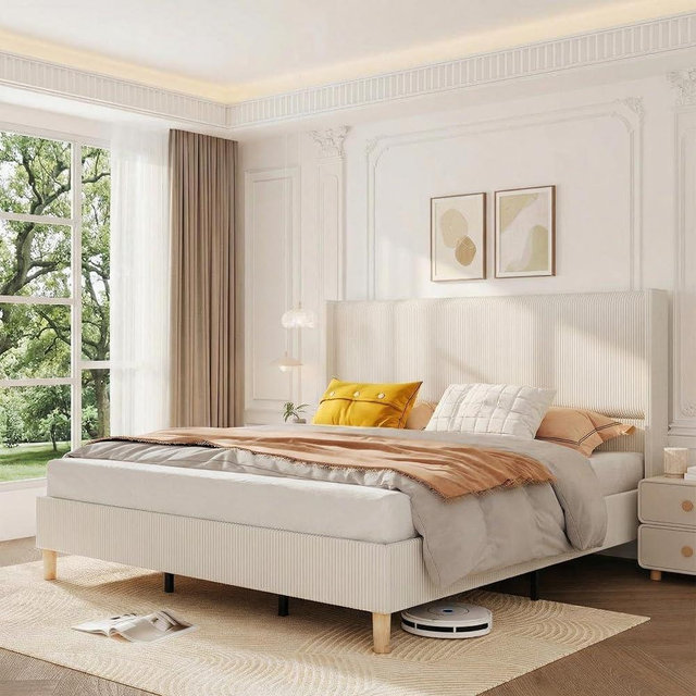 GAOMON King Size Bed Frame, Corduroy Platform Bed Frame with 50'' Tall Wingback Headboard, Sturdy Wooden Slats Support, Noise Free, Beige