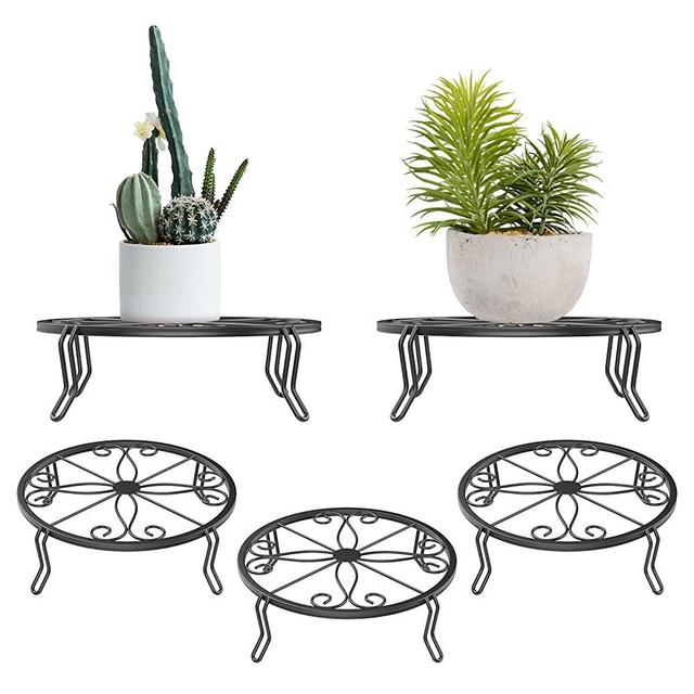 Lewondr Metal Plant Stands, 3 Pack Heavy Duty Iron Flower Stands for Garden Decoration, 9 Inch Classic Pattern Potted Plant Holders for Indoor Outdoor Garden Supporters, Black