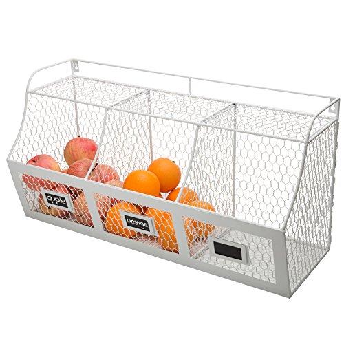 Large Country Rustic Metal Wire Wall-Mounted Hanging Fruit Basket Storage Bin w/Chalkboard Labels, White