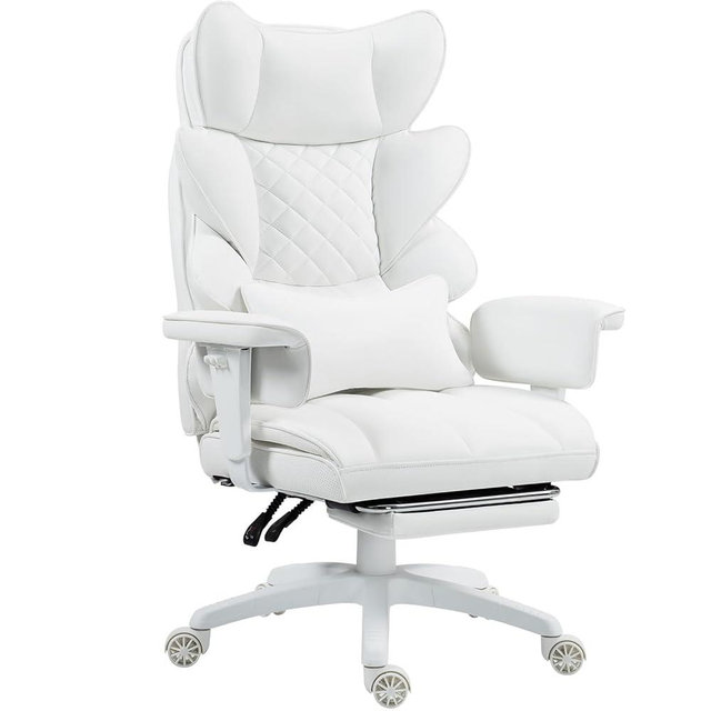 Dowinx Big and Tall Office Chair with Pocket Spring Cushion,High Back Computer Gaming Chairs with Adjustable Armrests and Lumbar Support,Executive Desk Chairs with Footrest(PU Leather,White)