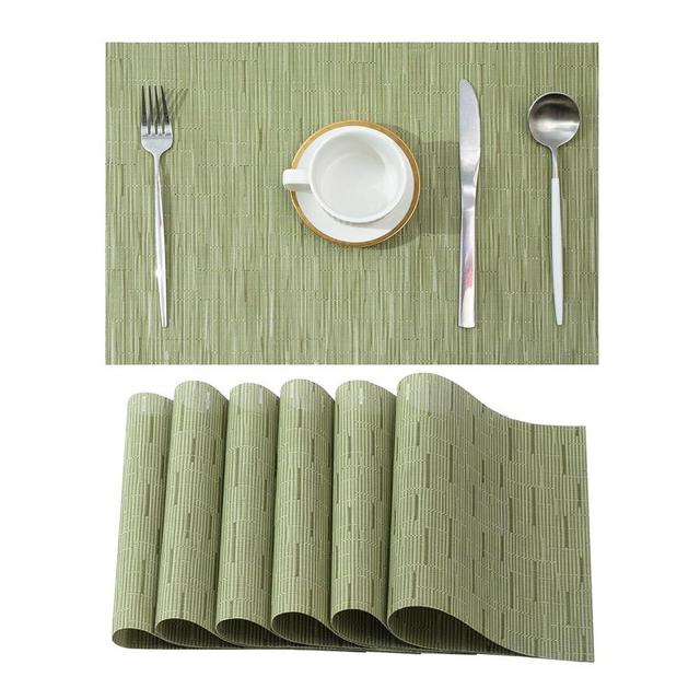 Leetaltree Pea Green Placemats Set of 6 - Heat Resistant Non-Slip Place mats for Dining Table, Washable Durable PVC Vinyl Woven Table Mats（Pea Green, 6）
