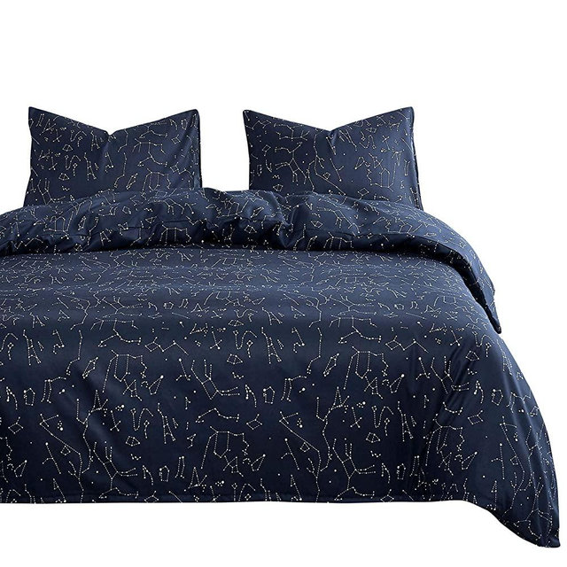Wake In Cloud - Constellation Comforter Set, Navy Blue with White Space Stars Pattern Printed, Soft Microfiber Bedding (3pcs, Queen Size)