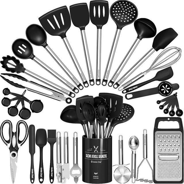 Kitchen Utensils Set-Umite Chef 34 Pcs Silicone Cooking Utensils Set for Nonstick Cookware-Silicone Spatulas Set, Stainless Steel Handle-Black Kitchen Gadgets Tools, Pots and Pans Accessories