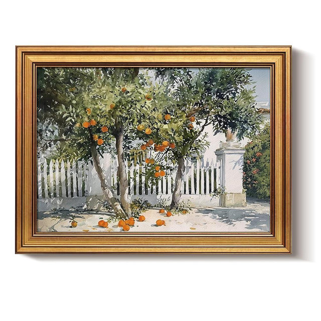 Bzstyleart Vintage Wall Art Decor for Living Room,Gold Framed Canvas Wall Art Home Decor Aesthetic,Orange Courtyard Prints,Canvas Picture Print Artwork,12 x 16 Inch
