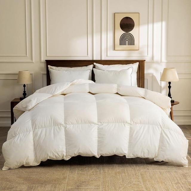 BPC Organic Down Comforter Queen Size Fluffy Duvet Insert for All-Season | Hotel Luxury 100% Cotton, 750 Fill-Power Medium Weight Goose Feathers & Down Comforter, Ivory White, 90x90 Inches