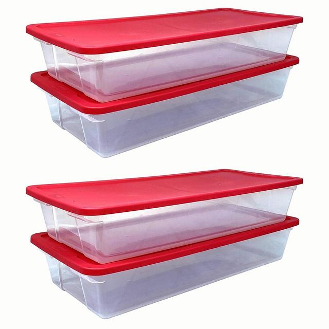 Homz Large 41 Quart Clear Plastic Under Bed See Through Stackable Storage Organizer Container with Red Snap Lock Lid