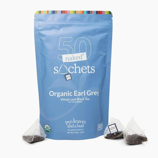Two Leaves and a Bud Organic Earl Grey - 50 Naked Tea Sachets - Whole Leaf Black Tea in Eco-Friendly Unwrapped Compostable Sachets, Resealable Bag, 50 Count (Pack of 1)