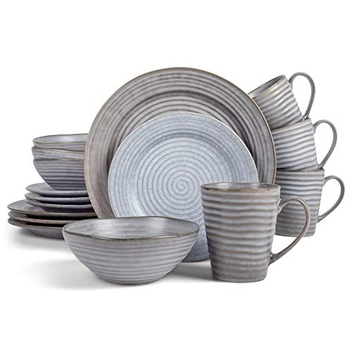 Elanze Designs Modern Chic Ribbed Ceramic Stoneware Dinnerware 16 Piece Set - Service for 4, Slate Grey
