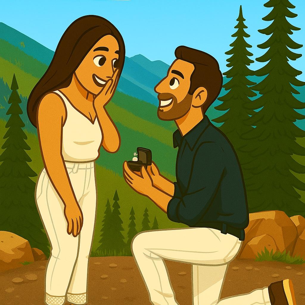 SHE WASN'T EXPECTING -
THAT HE HAD A WHOLE PLAN,
A POCKETED BOX
AND HIDDEN CAMERA MAN.
HE LED HER TO VIEWS
THAT TOOK BREATH AWAY,
THEN DROPPED TO ONE KNEE
ON THAT PERFECT DAY.