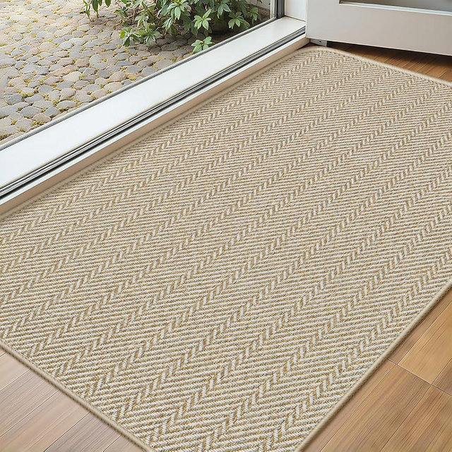BEISIFLOOR Ultra Thin Door Mat Indoor Entrance 17"x29", Low-Profile Indoor Door Mat, Non Slip Entry Mat Rubber Backing Unique Herringbone Design Inside Doormat Dirt Trapper Entryway Mats, Beige