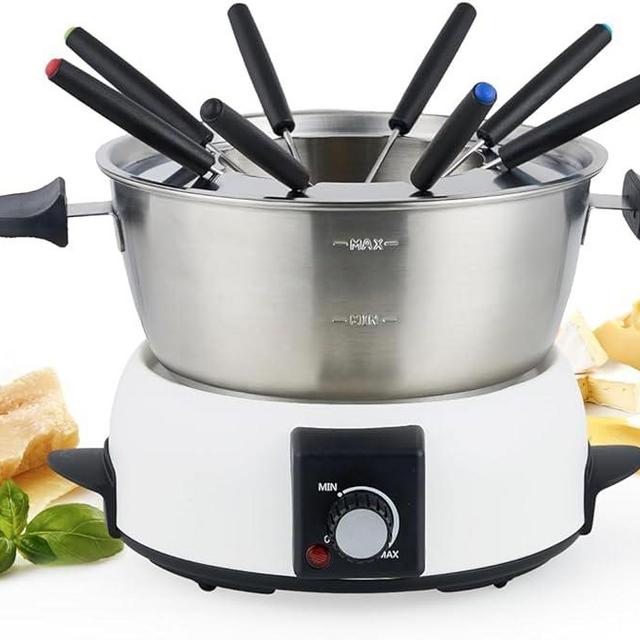 Saenchue Electric Fondue Pot Set for Cheese & Chocolate - 6-Cup Stainless Steel Fondue Pot with 8 Coded Forks - 3 Mode Fondue Set Adjustable Temperature Control for Cheese, Oil and Hotpot, FD-10