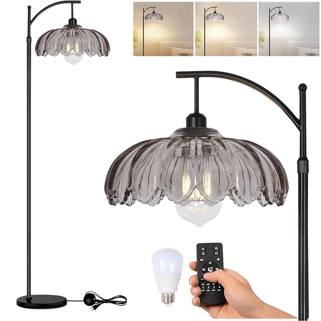 AHDWDW Arc Floor Lamps for Living Room with Remote,Black Dimmable Floor Lamp with Gray Glass Shade,Unique Vintage Flower Standing Tall Lamp,Modern Mid Century Floor Lamps for Bedroom Office Corner