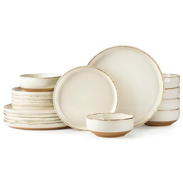 AmorArc 24 Pieces Ceramic Dinnerware Sets for 8, Handpainted Stoneware Plates and Bowls Set with Rustic Terracotta Underside, Scratch Resistant Dishes Set, Dishwasher & Microwave Safe