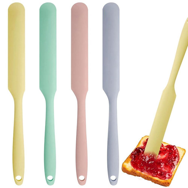 4 Pcs Silicone Jar Spatula, Cake Cream Spatula, 9.8" Long Handle Slim Scraper, Jam Spreader for Butter, Peanut Butter, Baking Mixing(4 colors）