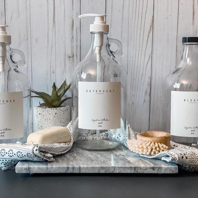 Glass Laundry Bottles | Liquid Laundry Detergent | Softener | Bleach | Soap | Refillable | Waterproof Labels and Pump | CLEAR 1/2 Gallon Jug
