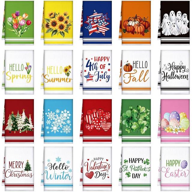 FuWeave 20 Pcs Seasonal Kitchen Towels Holiday Decorative Hand Towels Set Easter Spring Summer 4th of July Dish Cloths 16 x 24 Colorful Wash Cloths with Hanging Loop(Fresh)