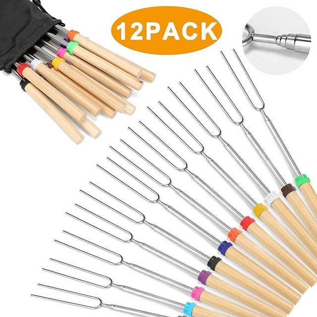 Marshmallow Roasting Sticks Wooden Handle Set of 12 Smores Skewers Telescoping Forks 32 inch with Portable Bag for Hot Dog Campfire Camping Stove BBQ Tools