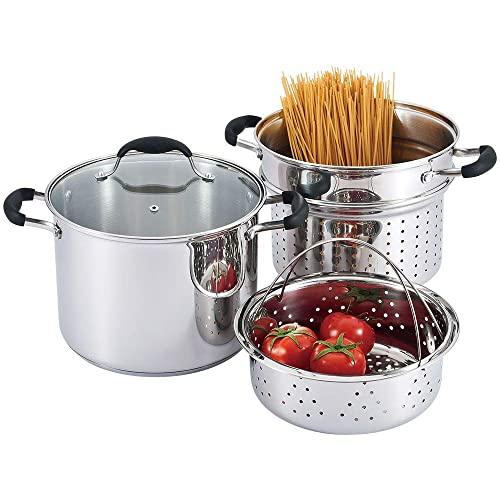 AVACRAFT 18/10 Stainless Steel, 4 Piece Pasta Pot with Strainer Insert, Stock Pot with Steamer Basket and Pasta Pot Insert, Pasta Cooker Set with Glass Lid, 7 Quart