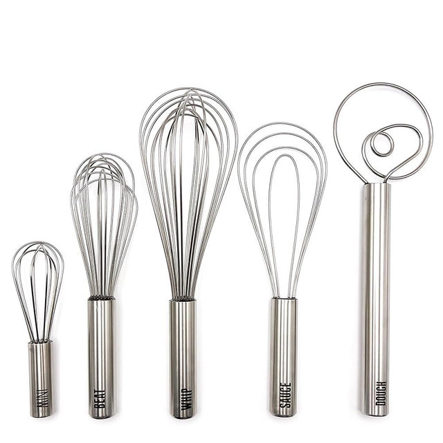 Tovolo Stainless Steel 6" Mini Whisk, 8" Beat Whisk, 10" Sauce Whisk, 11" Whisk Whip and 12" Dough Whisk Kitchen Utensil Bundle - Set of 5