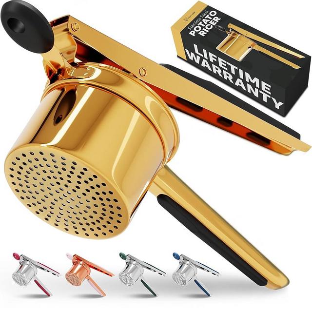 PriorityChef Large 15oz Potato Ricer, Heavy Duty Stainless Steel Potato Masher and Ricer Kitchen Tool, Press and Mash Kitchen Gadget For Perfect Mashed Potatoes - Everytime, Gold and Black