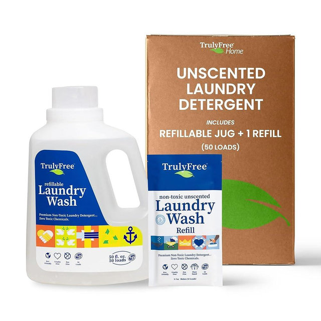 Truly Free Laundry Wash Detergent for Sensitive Skin, Gentle & Safe for Baby Clothes | Plant-Based, Natural Ingredients | Unscented | Include 1 Refillable Bottle (50 Loads)