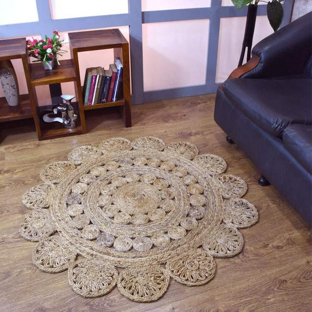 Rugsotic Carpets Hand Woven Jute 5'x5' Round Eco-Friendly Area Rug Oriental Beige J00005
