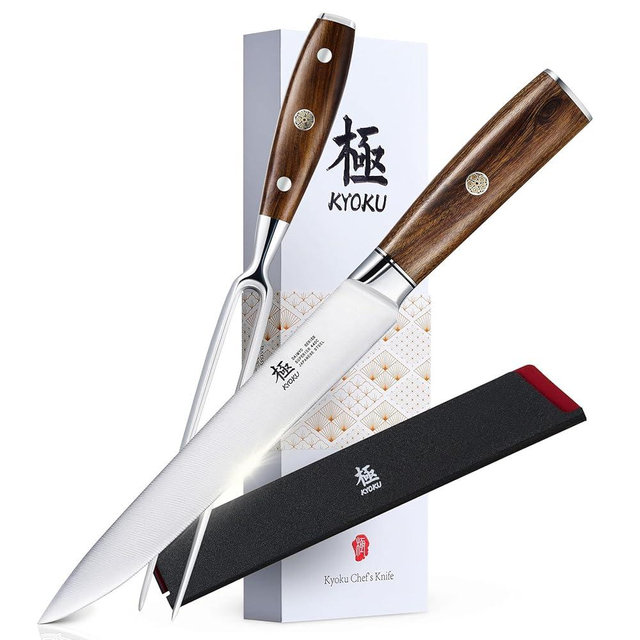 KYOKU Carving Knife Set, Daimyo Series 8" Carving Knife and Fork, Japanese Style 440C Stainless Steel Meat Cutting Knife for Winter Christmas Turkey