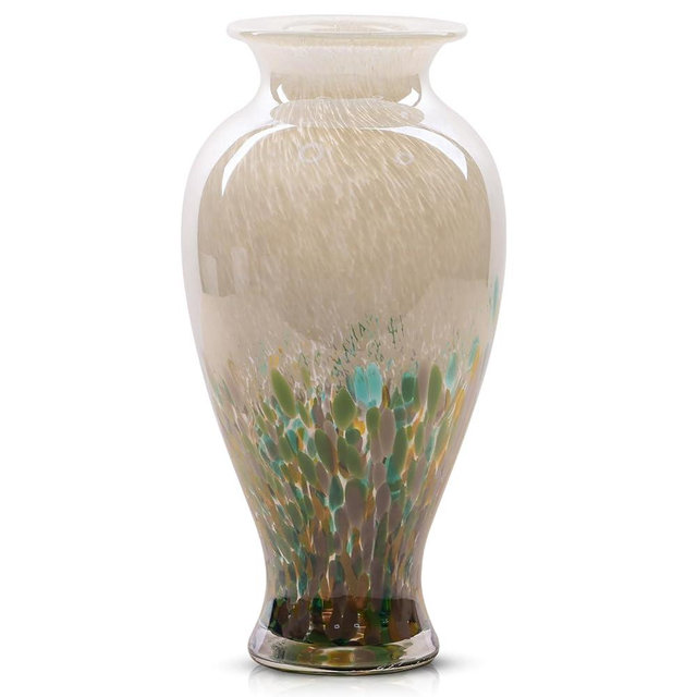 11.8" Tall Green Glass Vase Beautiful Hand Blown Glass Vase Modern Art Home Decor, Wide Mouth Colorful Vases for Mantle Dining Table Centerpiece, Entryway Living Room Wedding Decoration