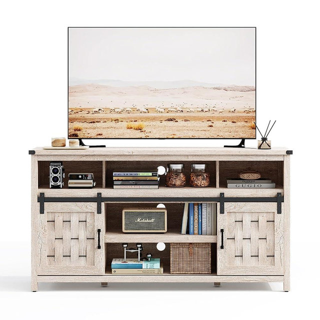 LINSY HOME Farmhouse TV Stand for 65 Inch TV, Tall Highboy Entertainment Center with Sliding Barn Door, Rustic Media Console with Storage Shelves, Wood Television Stand for Living Room, Light Grey