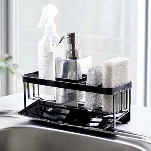 Yamazaki Home Tower Self-Draining Sponge and Soap Bottle Rack, Kitchen Sink Organizer Metal Holder with Removable Tray - Steel