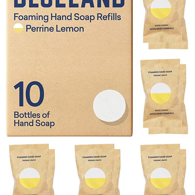 BLUELAND Foaming Hand Soap Tablet Refills - 10 Pack | Eco Friendly Products & Cleaning Supplies | Perrine Lemon Scent | Makes 10 x 9 Fl oz bottles (90 Fl oz total)