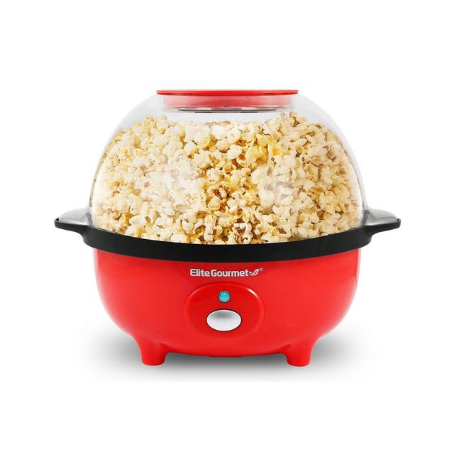 Elite Gourmet 3 Qt. Automatic, Stirring Hot Oil Popcorn Machine with Measuring Cap & Built-in Reversible Serving Bowl