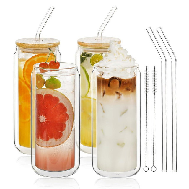 LIBWYS 16oz Double Wall Drinking Glass Cups with Bamboo Lids and Straws, 4 Pc Set – Condensation Resistant Insulated Glass Can Tumblers for Cold Drinks, Iced Coffee, Tea, Juice, Cleaning Brush