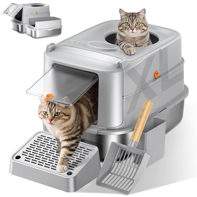 Stainless Steel Cat Litter Box with Lid, XL Extra Large Metal Litter Box for Big Cats, 180° Flip Cover Enclosed Top Entry Litter Boxs with High Sided Enclosure & Scoop, Non-Sticky, Anti-Leakage