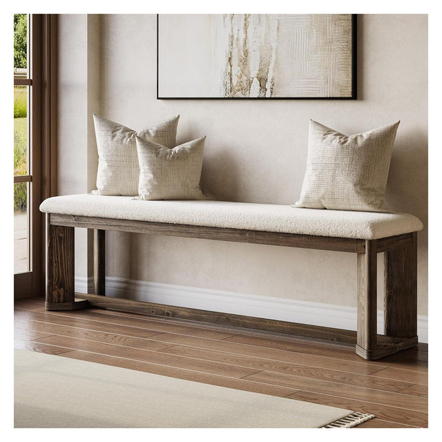 Lantine 63" Solid Wood Entryway Shoe Bench with Cushion, Long Modern Farmhouse End of Bed Bench with Faux Lamb Fur Seat for Bedroom, Hallway, Brown