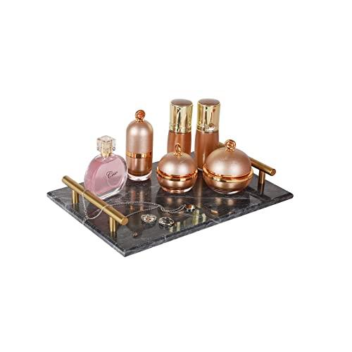 YCOCO Decorative Tray,Natural Rectangular Marble Tray with Gold Metal Handles,Handmade Vanity Tray, Perfume Tray,Trinket Tray, Catchall Tray for Dresser Bathroom Vanity Table,Black,11.8" Lx7.9 W