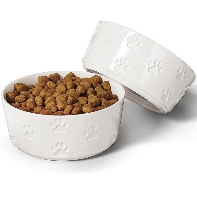 Ceramic Dog Bowl Set with Anti-Slip Rings - 6.5" Round x 2.5" Tall Set of 2 Ceramic Dog Bowls Medium Sized Dog - Dog Food and Water Bowl - White Dog Dishes - Dog Food Bowls - Dog Bowls Small Size Dog