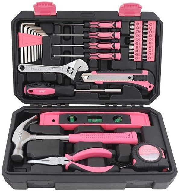 Apollo Tools 39 Piece General Household Tool Set in Toolbox Storage Case with Essential Hand Tools for Everyday Home Repairs, DIY and Crafts - Pink Ribbon - Pink - DT9711P