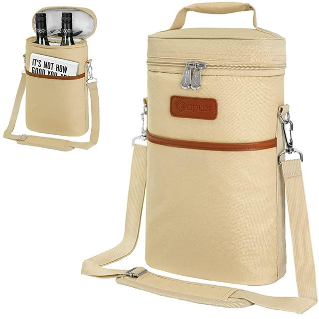 OPUX 2 Bottle Wine Bag Tote Carrier | Leakproof Insulated Wine Cooler Bag for Travel, BYOB, Picnic | Padded Portable Wine Bottle Bag for Dinner Party, Christmas Gift for Wine Lovers, Wome, Cream Beige