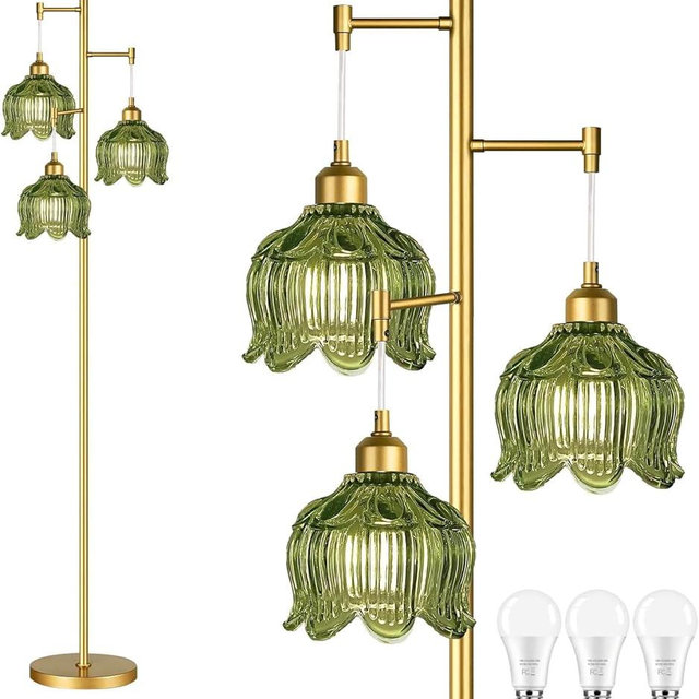 QIYIZM Gold Floor Lamp for Living Room,Bedroom,Mid Century Modern Standing Lamp Brass Tree 3 Light Tall Floor Lamps Vintage Retro Floor Lights Glass Green Flower Lamp Shade Farmhouse Boho Bohemian